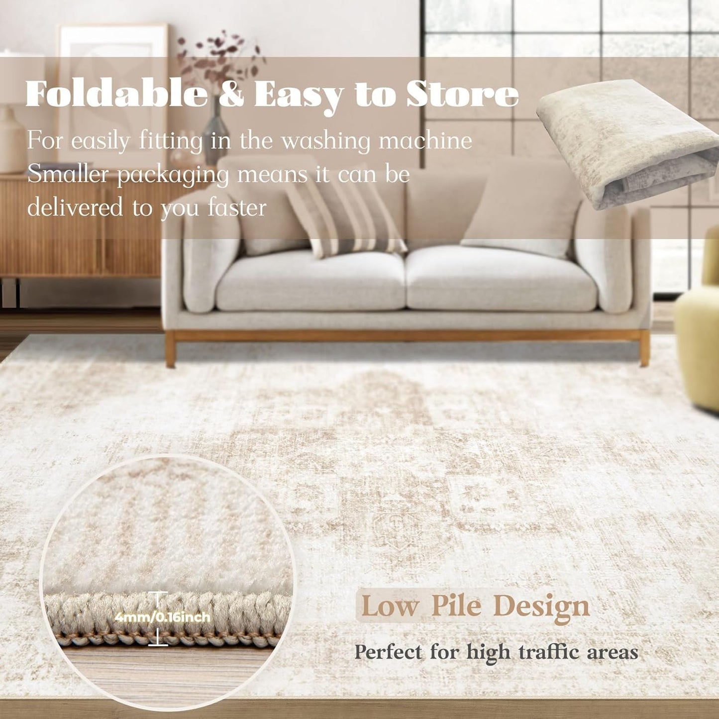 Area Rug Washable Rug, Vintage Boho Medallion Rugs Non-Slip Soft Low Pile Large Distressed Rug Indoor Retro Carpet for Living Room Bedroom Dining Room Office Children's Room(Beige)