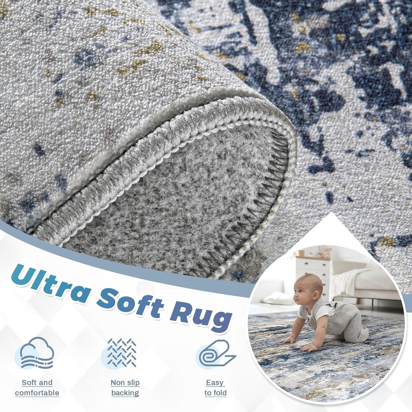 Abstract Neutral Soft Non-Slip Low-Pile Indoor Large Carpet for Bedroom Dining Room Home Office Children's Room(Blue Grey Brown)