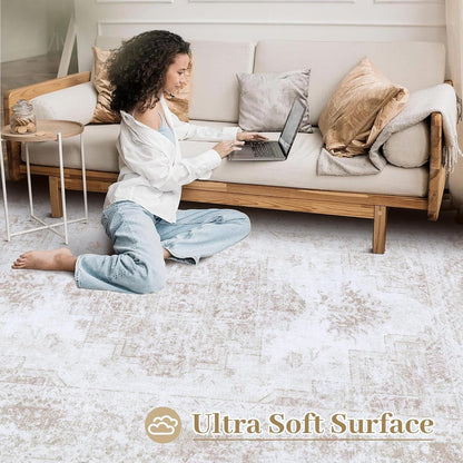 pmtsns Area Rugs 8x10 for Living Room: Washable Rug Modern Abstract Neutral Soft Non-Slip Low-Pile Indoor Large Carpet for Bedroom Dining Room Playroom Home Office (Beige, 8'x10')