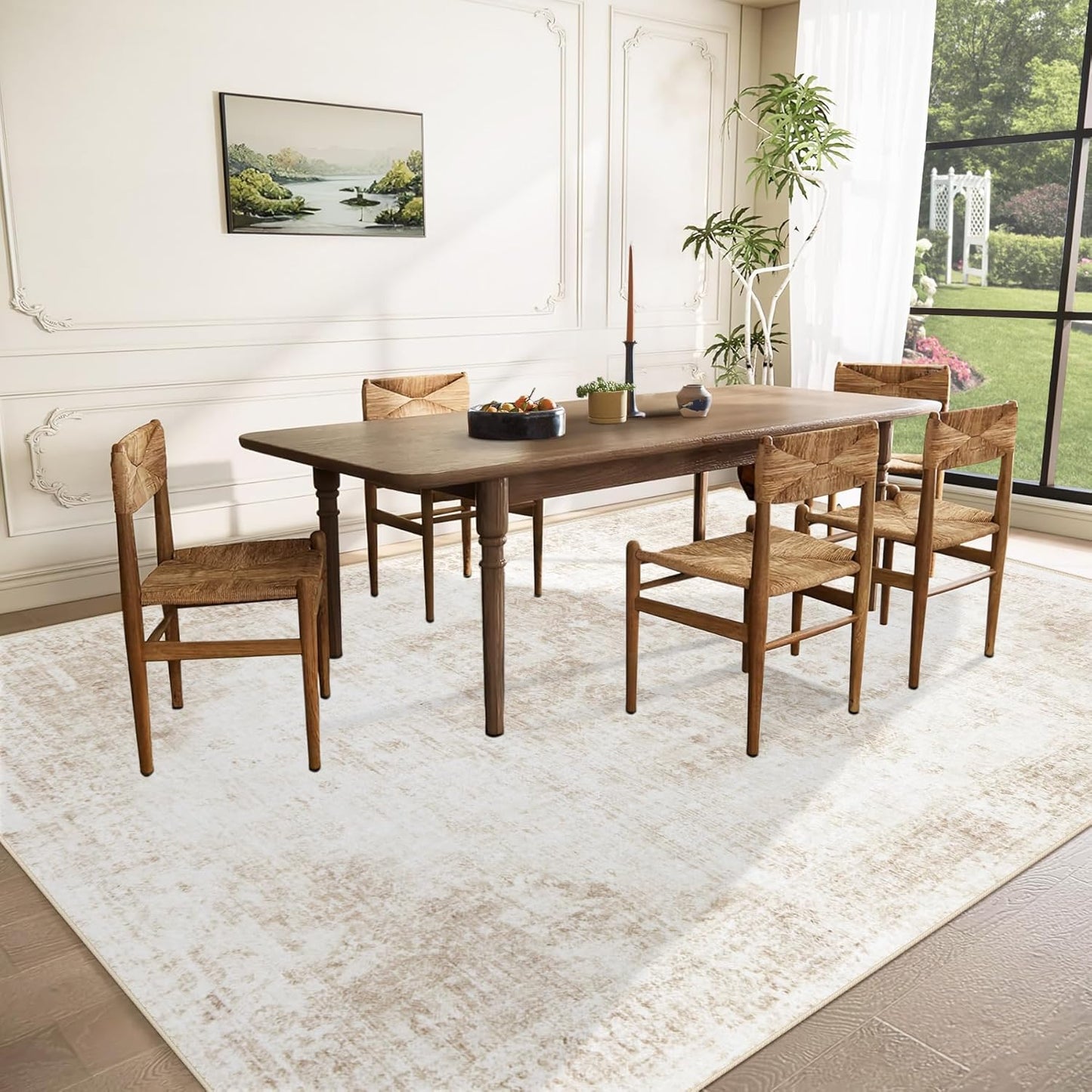Area Rug  Washable Rug, Vintage Boho Medallion Rugs Non-Slip Soft Low Pile Large Distressed Rug Indoor Retro Carpet for Living Room Bedroom Dining Room Office Children's Room(Beige)