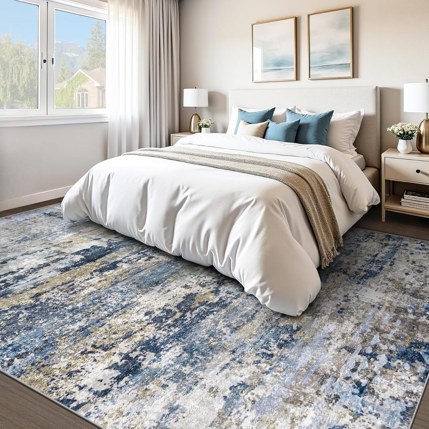 Abstract Neutral Soft Non-Slip Low-Pile Indoor Large Carpet for Bedroom Dining Room Home Office Children's Room(Blue Grey Brown)