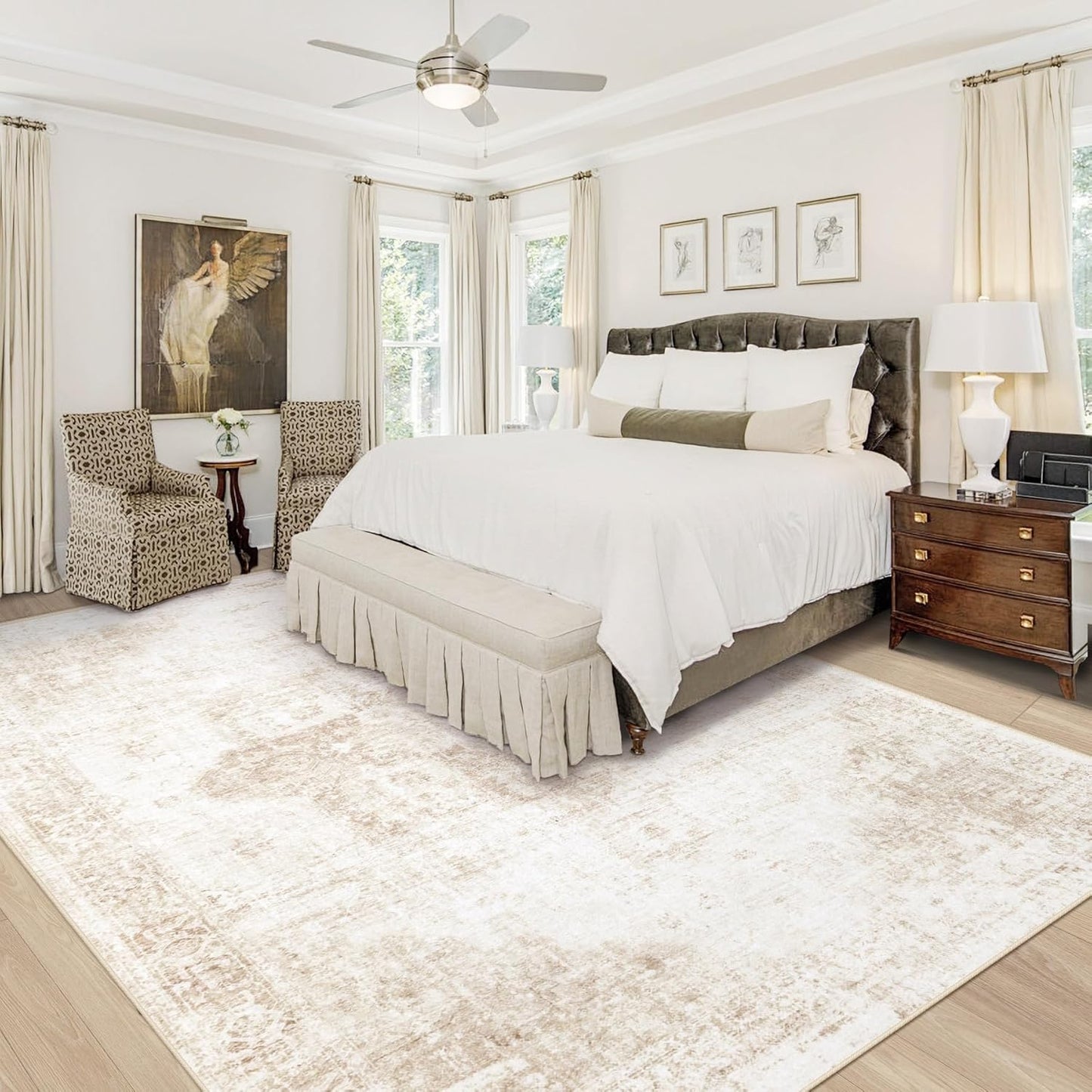 Area Rug  Washable Rug, Vintage Boho Medallion Rugs Non-Slip Soft Low Pile Large Distressed Rug Indoor Retro Carpet for Living Room Bedroom Dining Room Office Children's Room(Beige)
