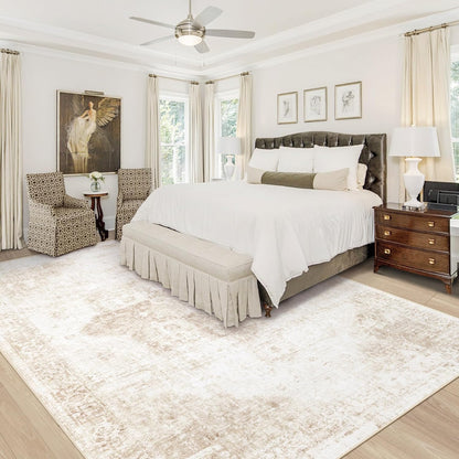 Area Rug  Washable Rug, Vintage Boho Medallion Rugs Non-Slip Soft Low Pile Large Distressed Rug Indoor Retro Carpet for Living Room Bedroom Dining Room Office Children's Room(Beige)