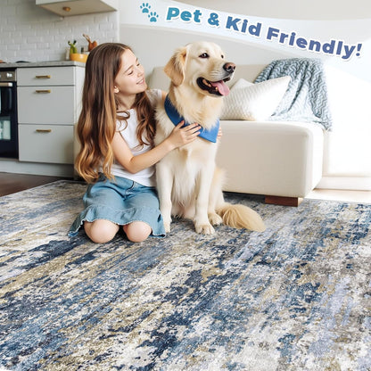 Abstract Neutral Soft Non-Slip Low-Pile Indoor Large Carpet for Bedroom Dining Room Home Office Children's Room(Blue Grey Brown)