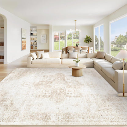 Area Rug  Washable Rug, Vintage Boho Medallion Rugs Non-Slip Soft Low Pile Large Distressed Rug Indoor Retro Carpet for Living Room Bedroom Dining Room Office Children's Room(Beige)