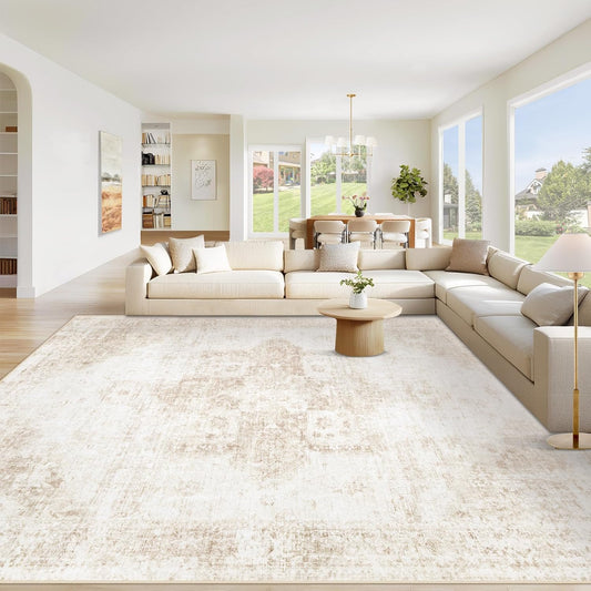 Area Rug  Washable Rug, Vintage Boho Medallion Rugs Non-Slip Soft Low Pile Large Distressed Rug Indoor Retro Carpet for Living Room Bedroom Dining Room Office Children's Room(Beige)
