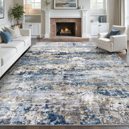 Abstract Neutral Soft Non-Slip Low-Pile Indoor Large Carpet for Bedroom Dining Room Home Office Children's Room(Blue Grey Brown)