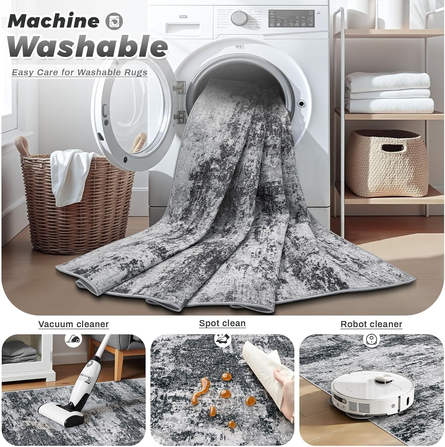 pmtsns Area Rugs 8x10 for Living Room: Washable Rug Modern Abstract Neutral Soft Non-Slip Low-Pile Indoor Large Carpet for Bedroom Dining Room Playroom Home Office (Black Grey)