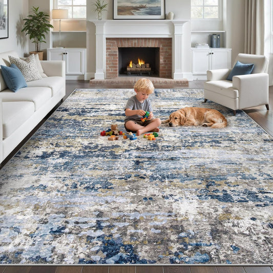 Abstract Neutral Soft Non-Slip Low-Pile Indoor Large Carpet for Bedroom Dining Room Home Office Children's Room(Blue Grey Brown)
