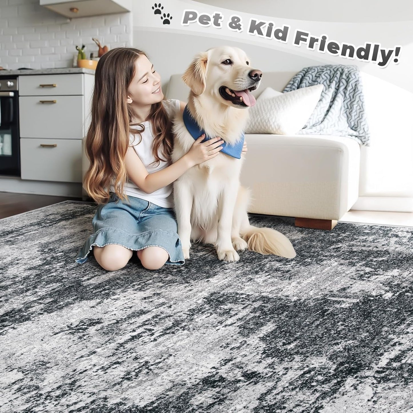 pmtsns Area Rugs 8x10 for Living Room: Washable Rug Modern Abstract Neutral Soft Non-Slip Low-Pile Indoor Large Carpet for Bedroom Dining Room Playroom Home Office (Black Grey)