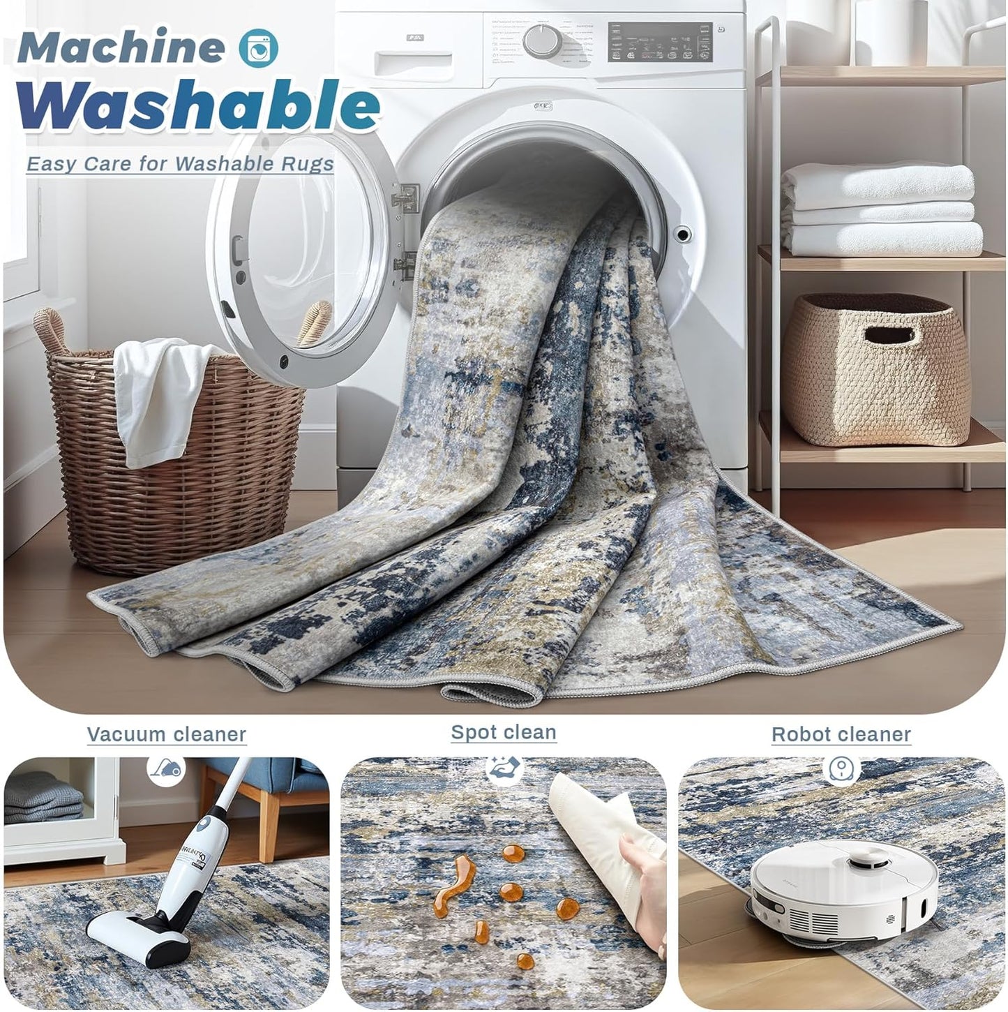 Abstract Neutral Soft Non-Slip Low-Pile Indoor Large Carpet for Bedroom Dining Room Home Office Children's Room(Blue Grey Brown)