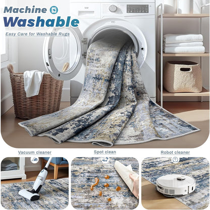 Abstract Neutral Soft Non-Slip Low-Pile Indoor Large Carpet for Bedroom Dining Room Home Office Children's Room(Blue Grey Brown)