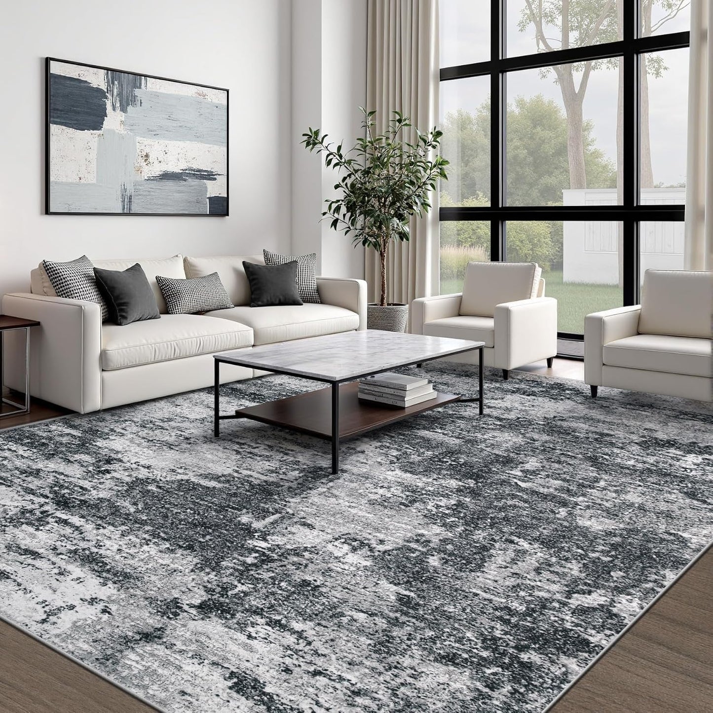 pmtsns Area Rugs 8x10 for Living Room: Washable Rug Modern Abstract Neutral Soft Non-Slip Low-Pile Indoor Large Carpet for Bedroom Dining Room Playroom Home Office (Black Grey)