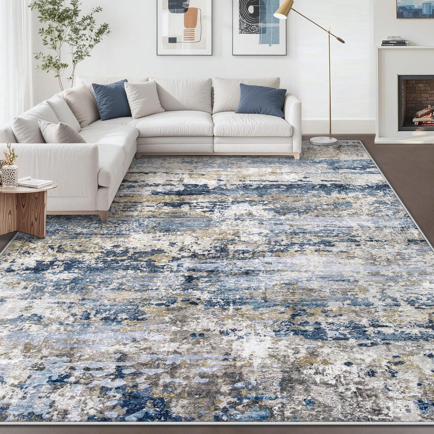 Abstract Neutral Soft Non-Slip Low-Pile Indoor Large Carpet for Bedroom Dining Room Home Office Children's Room(Blue Grey Brown)