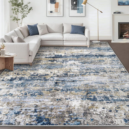 Abstract Neutral Soft Non-Slip Low-Pile Indoor Large Carpet for Bedroom Dining Room Home Office Children's Room(Blue Grey Brown)