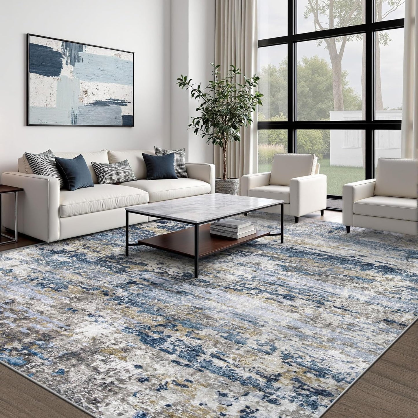 Abstract Neutral Soft Non-Slip Low-Pile Indoor Large Carpet for Bedroom Dining Room Home Office Children's Room(Blue Grey Brown)