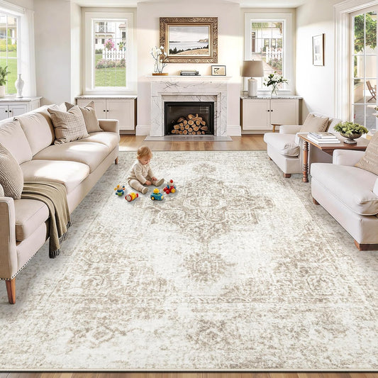 8x10 Area Rugs for Living Room, Washable Vintage Boho Neutral Medallion Rug Non Slip Low Pile Floor Carpet for Bedroom Dining Room Home Office (Beige, 8'x10')