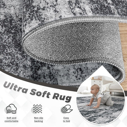 pmtsns Area Rugs 8x10 for Living Room: Washable Rug Modern Abstract Neutral Soft Non-Slip Low-Pile Indoor Large Carpet for Bedroom Dining Room Playroom Home Office (Black Grey)