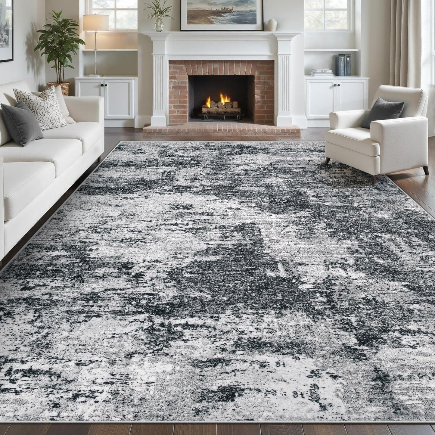 pmtsns Area Rugs 8x10 for Living Room: Washable Rug Modern Abstract Neutral Soft Non-Slip Low-Pile Indoor Large Carpet for Bedroom Dining Room Playroom Home Office (Black Grey)