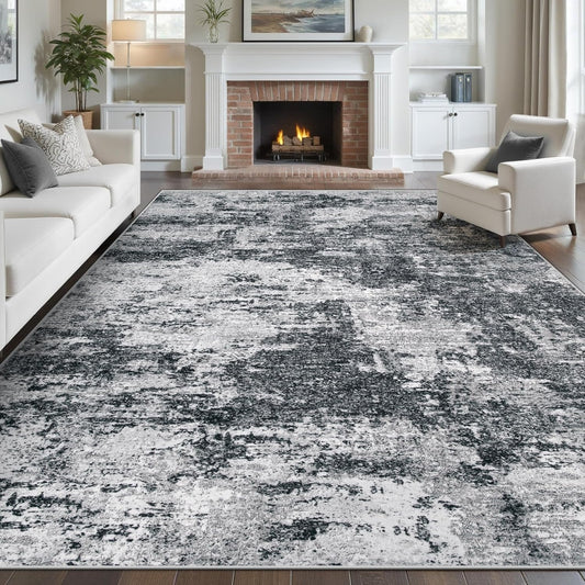 pmtsns Area Rugs 8x10 for Living Room: Washable Rug Modern Abstract Neutral Soft Non-Slip Low-Pile Indoor Large Carpet for Bedroom Dining Room Playroom Home Office (Black Grey)
